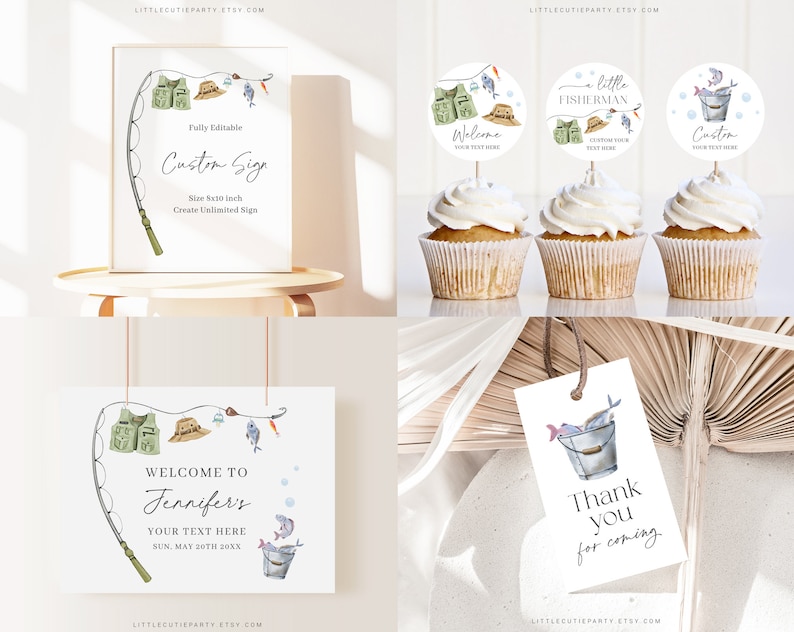 May include: Printable set of fishing themed party decorations. Includes a welcome sign, cupcake toppers, and thank you tags. The sign says "Welcome to Jennifer's" and the cupcake toppers say "A Little Fisherman".