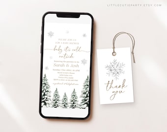 May include: A smartphone displays a baby shower invitation with winter theme. The invitation reads "baby it's cold outside" with details for Sarah & Josh. A matching tag with a snowflake design and "thank you" is also present.