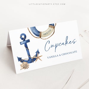 Bewerkbare Ahoy het is een jongen baby shower voedseletiketten, voedseltentkaarten, gevouwen voedselkaarten voor nautische babyshowerdecoraties thema AHBBS001