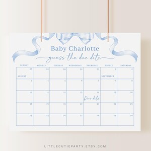 Editable Blue Bow Baby Shower Due Date Calendar, Blue Ribbon Baby Shower Calendar Games for Boy Baby Shower BBWBS001