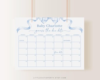 Editable Blue Bow Baby Shower Due Date Calendar, Blue Ribbon Baby Shower Calendar Games for Boy Baby Shower BBWBS001