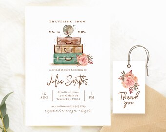 May include: A bridal shower invitation with a travel theme. The invitation features a globe, suitcases, and flowers. The text on the invitation reads "Traveling from MS. to MRS." and "Julia Smiths".