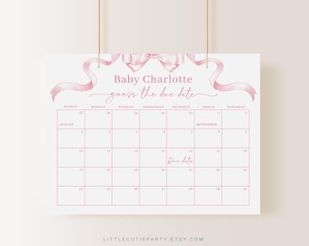Calendário editável de data de vencimento para chá de bebê com laço rosa, jogos de calendário para chá de bebê com fita rosa para chá de bebê de menina PBWBS001