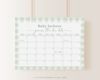 May include: A green and white gingham patterned printable baby shower game card with the text "Baby Jackson guess the due date" and a calendar with the months of January and February.