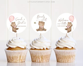 Centros de mesa de oso de peluche, centros de mesa de oso para baby shower, con texto en inglés We Can Bearly Wait, decoración de baby shower, 30 unidades, Oh Baby
