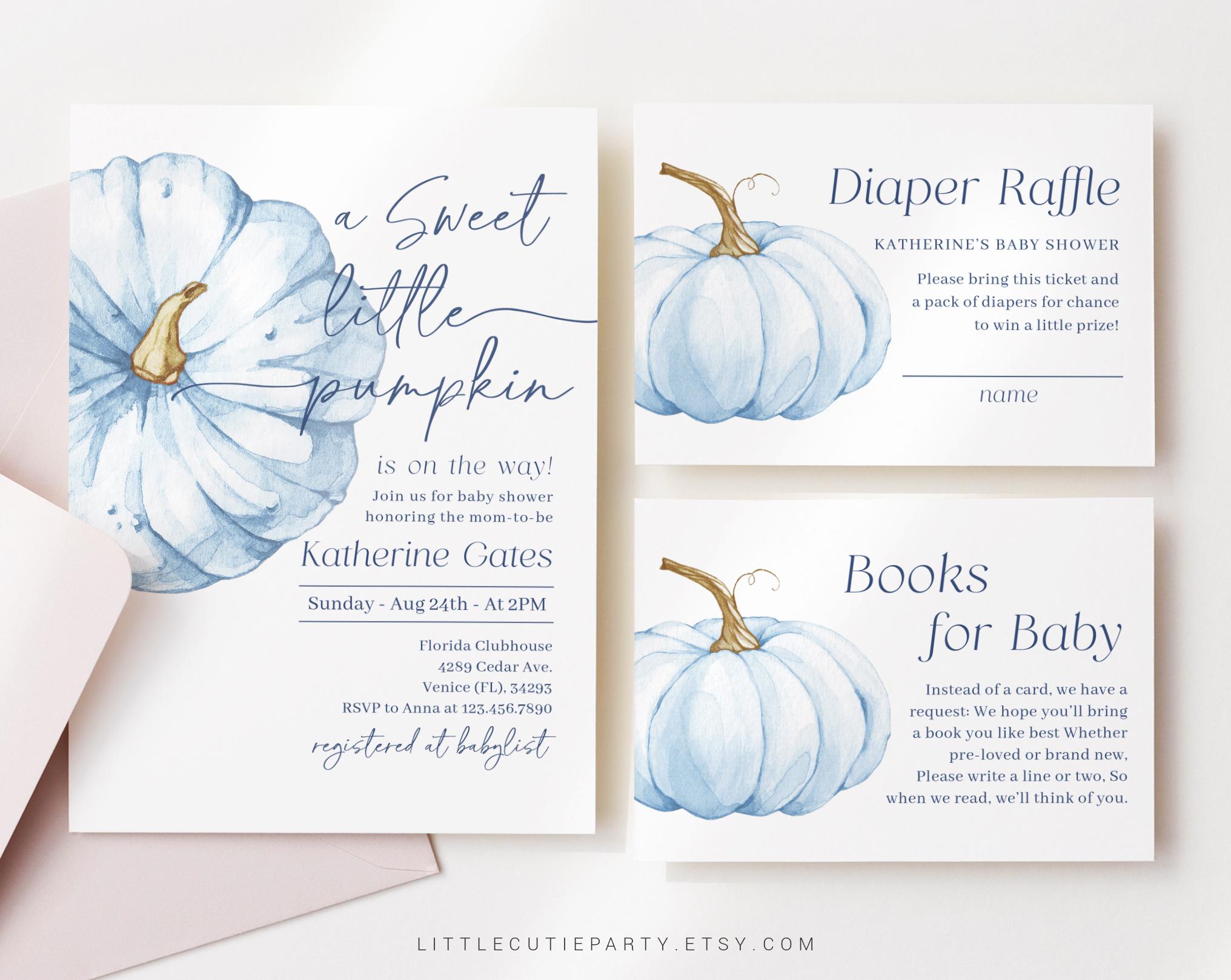 Editable Blue Pumpkin Baby Shower Invitation, Blue Little Pumpkin is On The Way with Diaper Raffle, Books for Baby and Tag BPKBS001