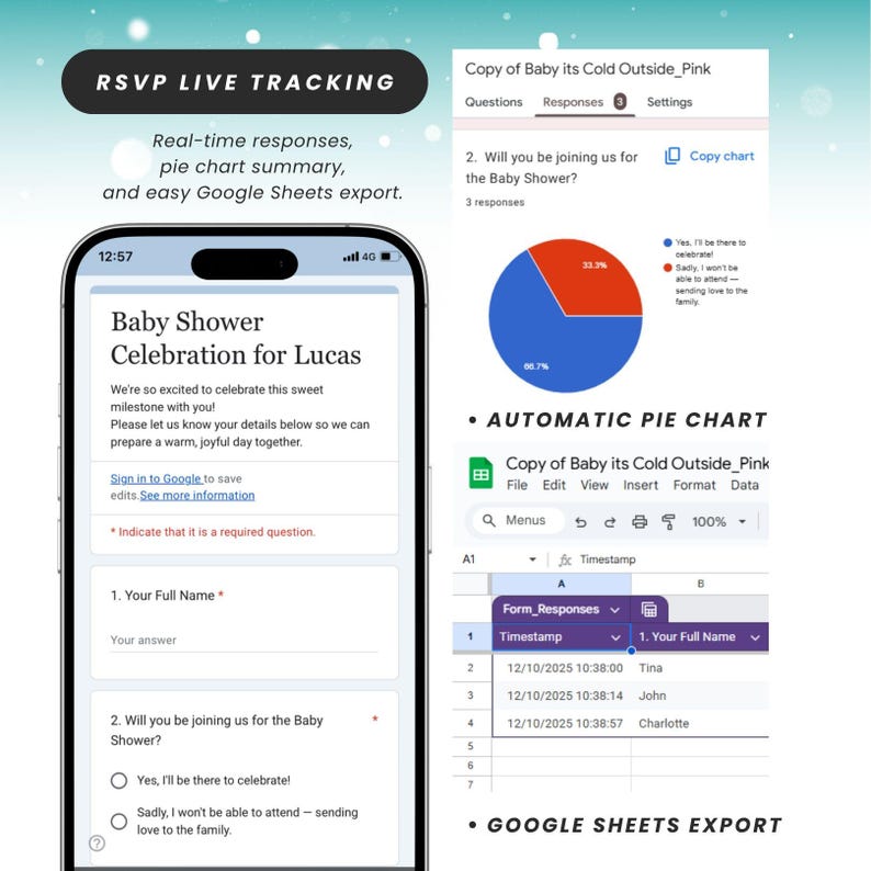 May include: A smartphone screen displays a baby shower RSVP form with fields for name and attendance. A pie chart visualizes responses, and a Google Sheets export feature is highlighted. Text reads "RSVP LIVE TRACKING".