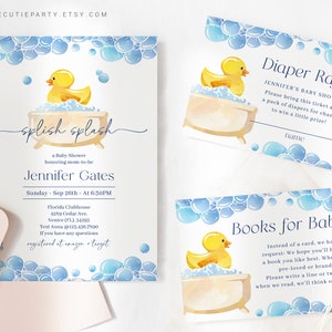 Editable Rubber Duck Shower Invitation, RubberDuck, Duckling baby shower with Diaper Raffle, Books for Baby and Gift Tag RUBBS002