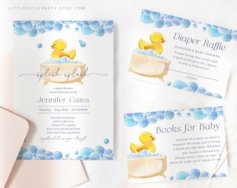 Invito modificabile per baby shower a forma di paperella di gomma, lotteria dei pannolini, libri per neonati (digitale) RUBBS002