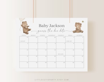 May include: A printable baby shower game featuring a calendar with the months of January and February. The calendar is decorated with a brown bear holding a balloon and a bee. The text "Baby Jackson guess the due date" is at the top of the calendar.