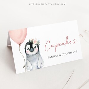 Etiquetas editables de comida para baby shower de pingüino rosa, tarjetas de tienda de comida, tarjetas de comida plegadas para decoraciones de baby shower de pingüino tema PENGBS003