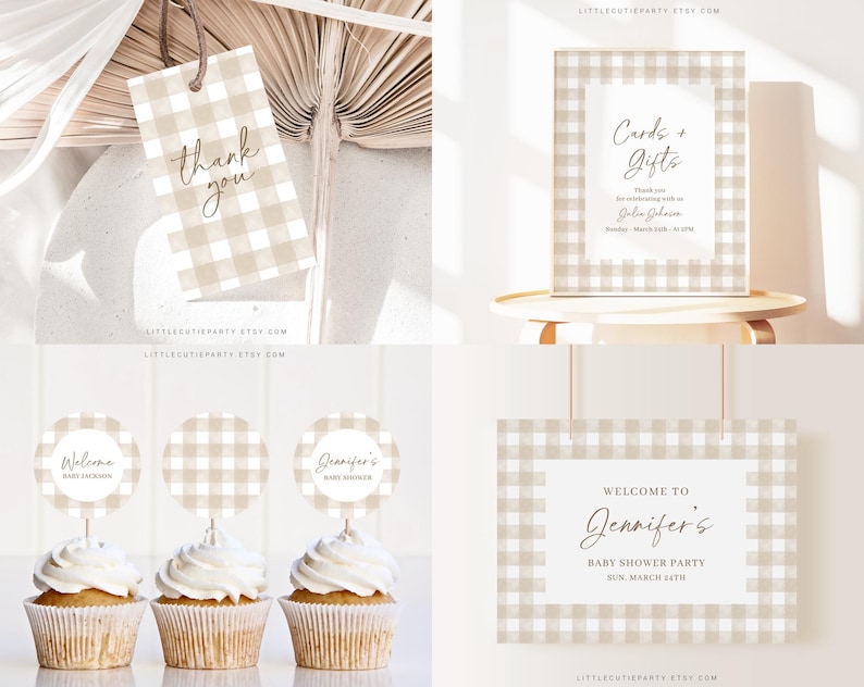 K&ouml;nnte beinhalten: Ein Set mit druckbaren Babyparty-Dekorationen mit einem braunen und wei&szlig;en Gingham-Muster. Das Set enth&auml;lt ein Willkommens-Schild, ein Schild f&uuml;r Karten und Geschenke, Cupcake-Topper und ein Dankesch&ouml;n-Etikett. Der Text auf den Schildern lautet "Willkommen zur Babyparty von Jennifer" und "Karten + Geschenke".