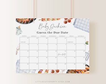 Op de afbeelding: Een printbaar babyshower-spel met een BBQ-thema. Het spel is een kalender met de dagen van de week en data. Gasten kunnen de uitgerekende datum van de baby raden. De tekst op het spel zegt "Baby Jackson Guess the Due Date".