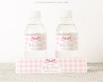 Editable Pink Gingham Baby Shower Water Bottle Labels, Bottle Label for Pink Bow Baby Shower Theme Decorations PGHBS001