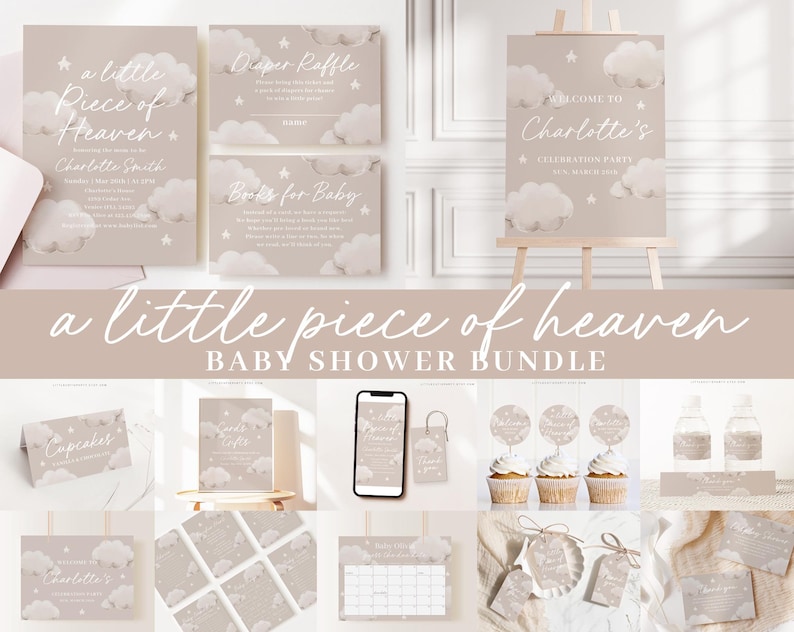 May include: A baby shower bundle with a light brown background and white clouds. The bundle includes invitations, a welcome sign, cupcake toppers, water bottle labels, and tags. The text on the invitations reads "a little piece of heaven" and "Charlotte Smith". The welcome sign reads "Welcome to Charlotte's Celebration Party".
