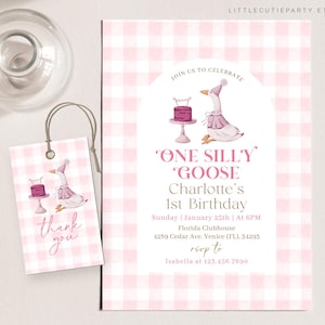 Convite de aniversário editável One Silly Goose, convite rosa para o primeiro aniversário da menina, cartão de primeiro aniversário Goose com etiqueta de presente GOSBD001
