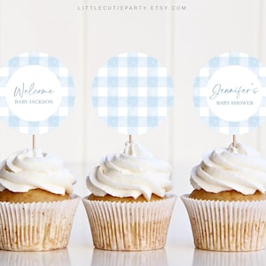 Adornos para tartas de cuadros vichy azules editables, adornos para cupcakes de baby shower azules, adornos para tartas de baby shower, decoraciones para tartas BGHBS002