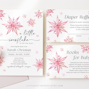 Editable Little Snowflake Baby Shower Invitation for Girl, Pink Snowflake Babyshower with Diaper Raffle, Books for Baby and Tag SNFBS002