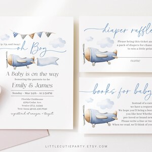 Editable Airplane Baby Shower Invitation, Airplane Baby Shower Invite with Diaper Raffle, Books for Baby and Tag APBS001