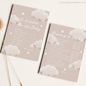 May include: Two printable baby shower game cards with a light brown background and white clouds. The first card says "Well Wishes for the Baby" and has a space for guests to write well wishes. The second card says "Mommy or Daddy" and has a list of questions for guests to guess who will do what after the baby is born.