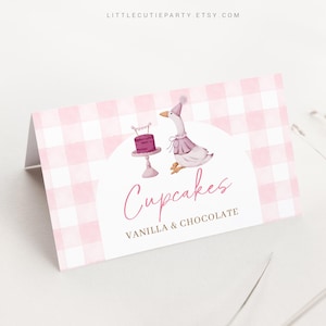 Editable Pink Goose Food Labels, Food Tent cards, Folded Food Cards for One Silly Goose Birthday Girl Decorations Theme GOSBD001