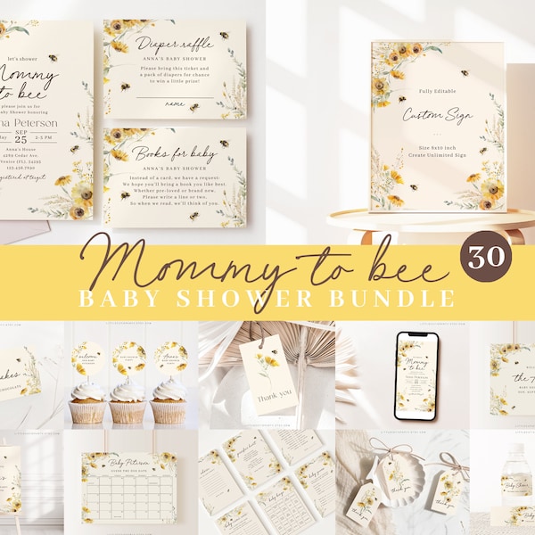 Editable Mommy to Bee Baby Shower Bundle, Mama to Bee Invitation, with Games Bundle and All Decorations MBEEBS001