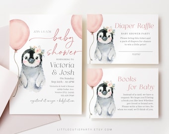 May include: Pink and white baby shower invitation with a penguin holding a pink balloon. The invitation says "Join us for baby shower honoring to Victoria & Josh on Sunday, Sep 24th at 2PM. Victoria & Josh's House, 4259 Cedar Ave, Venice (FL) 34293, 123.456.7890, registered at amazon + babylist.com".