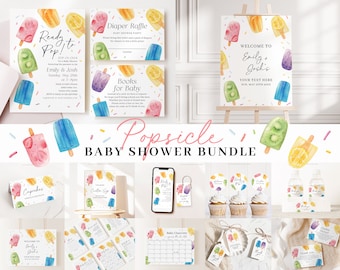 Bearbeitbares Popsicle-Babypartyeinladungs-Set mit Spiel-Bundle und Eiscreme-Babyparty-Dekor PSCBS002
