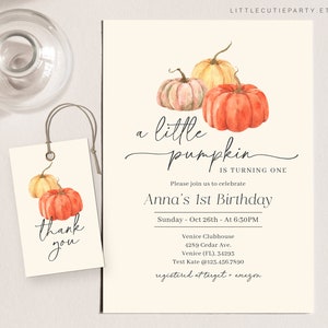 Editable Little Pumpkin First Birthday Invitation, Little Pumpkin is One Invitation, Pumpkin Birthday Party Invite with Gift Tag PMKBD001