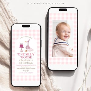 Editable One Silly Goose Birthday Girl Invite, Girl 1st Birthday Pink Evite Template with Picture, One Silly Goose Evite with Tag GOSBD001