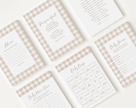 10 Editable Neutral Baby Shower Games, Beige Gingham Baby Shower Games Bundle, Gender Neutral Baby Shower NGHBS001