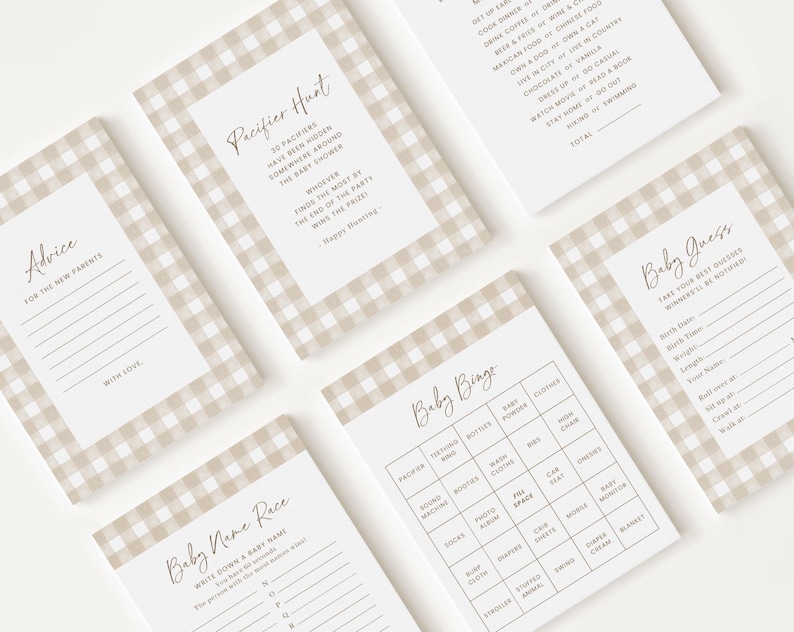 May include: A set of printable baby shower game cards with a brown and beige gingham pattern. The cards include games like "Baby Bingo", "Baby Guess", "Advice for the New Parents", "Baby Name Race", and "Pacifier Hunt".