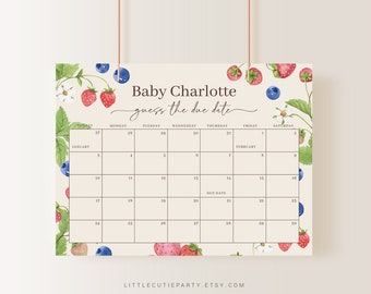 Puede incluir: Un juego de baby shower imprimible con un calendario en el que se marca la fecha de parto. El calendario está decorado con fresas y arándanos. El texto "Baby Charlotte guess the due date" está en la parte superior del calendario.