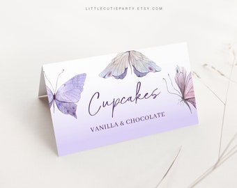 Etiquetas editables de comida de baby shower de mariposa, tarjetas de tienda de comida, tarjetas de comida plegadas para decoraciones de baby shower de mariposa púrpura BTFBS002