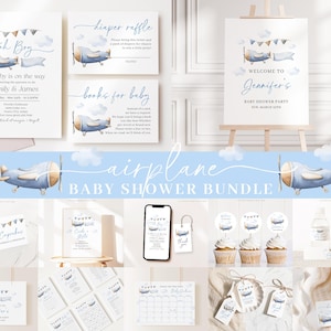 Editable Airplane Baby Shower Invitation Bundle, Airplane Baby Shower Bundle with Games and Baby Shower Decor APBS001
