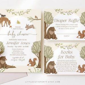 Bewerkbare Boho Woodland Baby Shower Uitnodiging, Woodland Baby Shower met luierloterij, boeken voor baby en cadeautag WOOD001