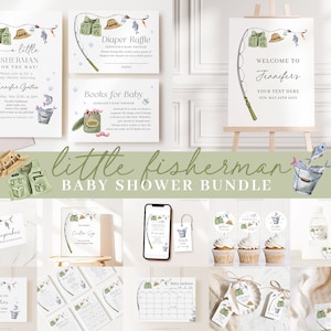 Editable A Little Fisherman Baby Shower Invitation Bundle, Fishing Baby Shower Invite Set with Game Bundle and Fisherman Decoration LFMBS001 image 1