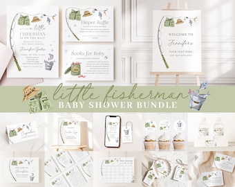 Editable A Little Fisherman Baby Shower Invitation Bundle, Fishing Baby Shower Invite Set with Game Bundle and Fisherman Decoration LFMBS001