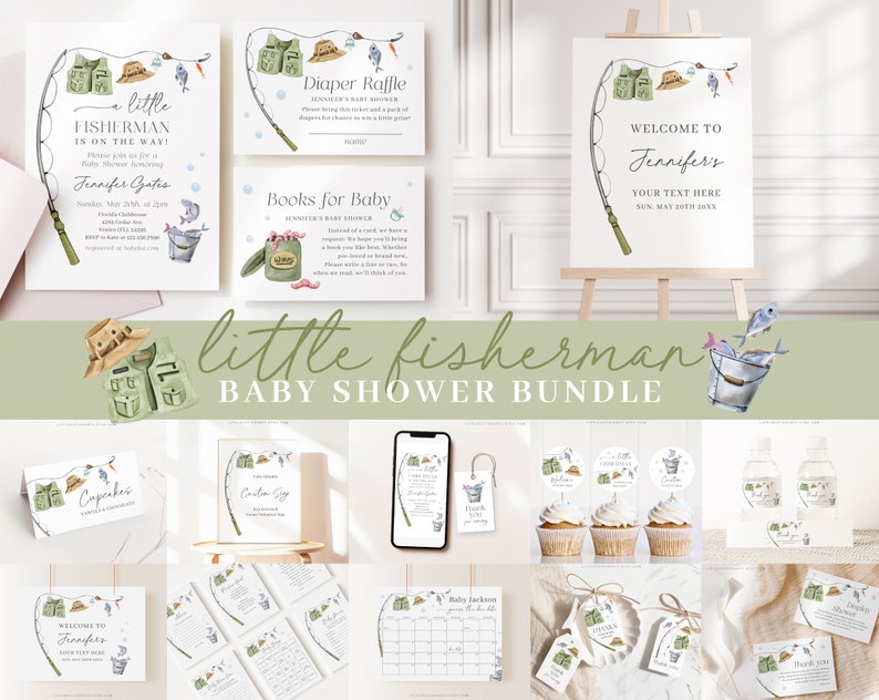 Editable A Little Fisherman Baby Shower Invitation Bundle, Fishing Baby Shower Invite Set with Game Bundle and Fisherman Decoration LFMBS001 image 1