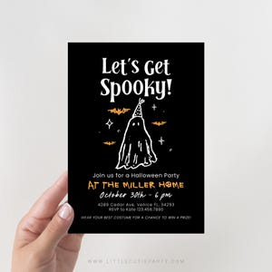 May include: A black Halloween party invitation card featuring white text that reads Let's Get Spooky! and a central white ghost illustration wearing a party hat, surrounded by small orange bats and stars, with event details for the Miller Home.