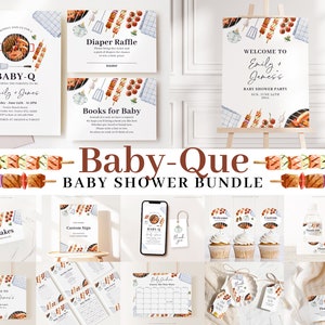 May include: A Baby-Que baby shower bundle with a watercolor design featuring skewers of grilled food, a grill, and other barbecue-themed elements. The bundle includes invitations, a welcome sign, cupcake toppers, favor tags, and more.