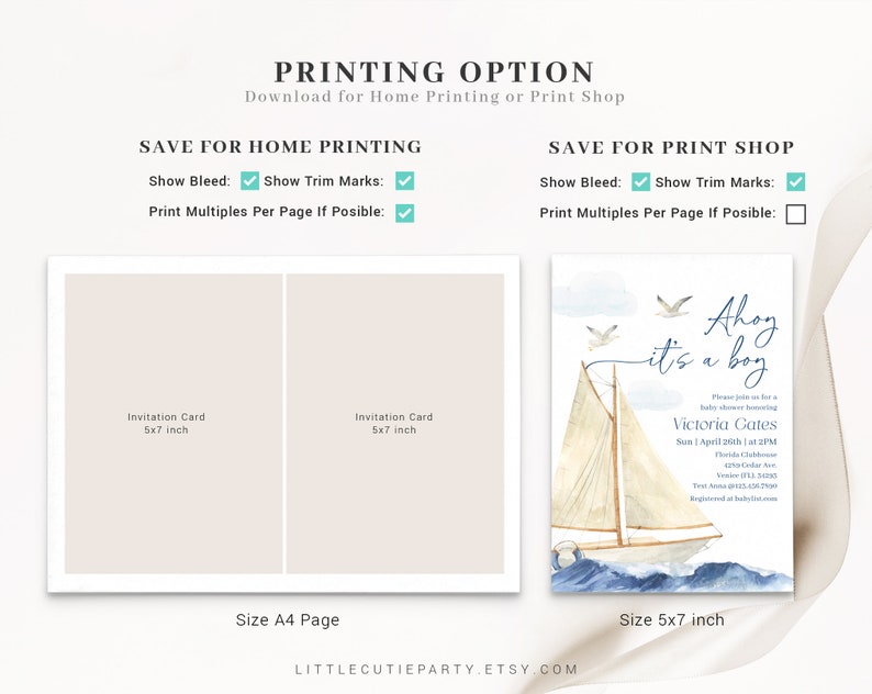 May include: Printable invitation card for a baby shower with a nautical theme. The card features a sailboat with blue and white watercolour accents, and the text "Ahoy it's a boy". The card is 5x7 inches and can be printed at home or at a print shop.