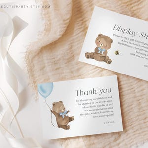 Bewerkbare We can Bearly Wait bedankkaart voor jongens, Bearly Wait blauwe kaart voor babyshower voor babyshower BRWBS002
