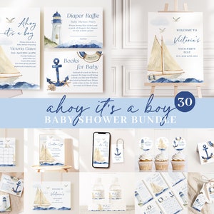 Pacchetto di inviti per baby shower Ahoy Its a Boy modificabili, invito per baby shower nautico, pacchetto di giochi, decorazione per baby shower Ahoy Its a Boy AHBBS001