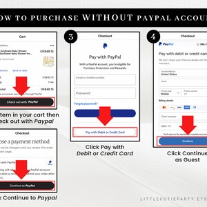 May include: A step-by-step guide on how to purchase an item on Etsy without a PayPal account. The guide includes screenshots with red arrows pointing to the next step. The text includes "Check out with PayPal" and "Pay with Debit or Credit Card".