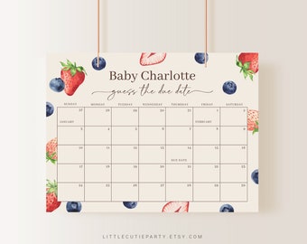 Puede incluir: Un juego de baby shower imprimible con un calendario para que los invitados adivinen la fecha de parto del bebé. El calendario está decorado con fresas y arándanos.