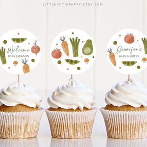 Bewerkbare A Little Sprout-cupcaketoppers, babyshowerkoekjes met kleine spruitjes, voor boerenmarkt Decor babyshower LSPBS001