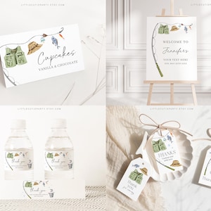May include: A set of printable party decorations for a fishing themed party. The set includes a welcome sign, cupcake toppers, water bottle labels, and favor tags. The decorations feature a fishing rod, life vest, hat, and fish.