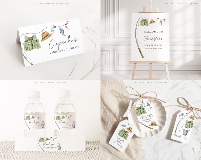 May include: A set of printable party decorations for a fishing themed party. The set includes a welcome sign, cupcake toppers, water bottle labels, and favor tags. The decorations feature a fishing rod, life vest, hat, and fish.