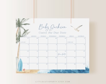 May include: A printable baby shower game with a beach theme. The game is a calendar with the text "Baby Jackson Guess the Due Date". The calendar is for January and February.